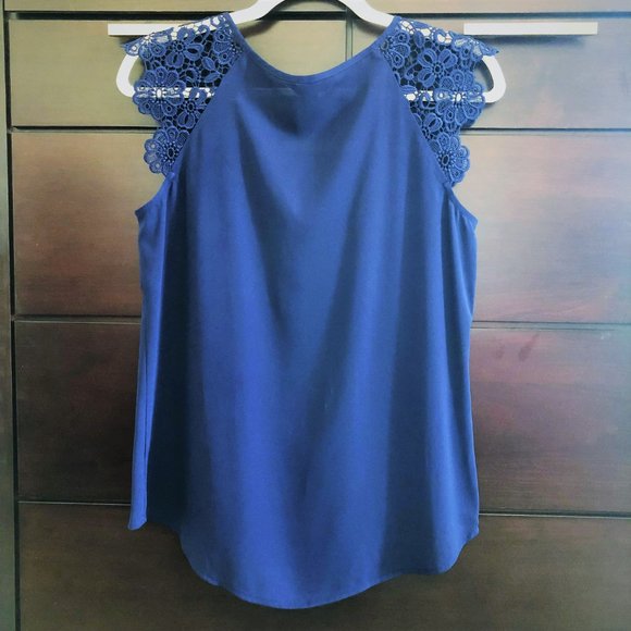Vibrant Blue Crocheted Sleeves Tie Neck Blouse XS - Picture 3 of 15
